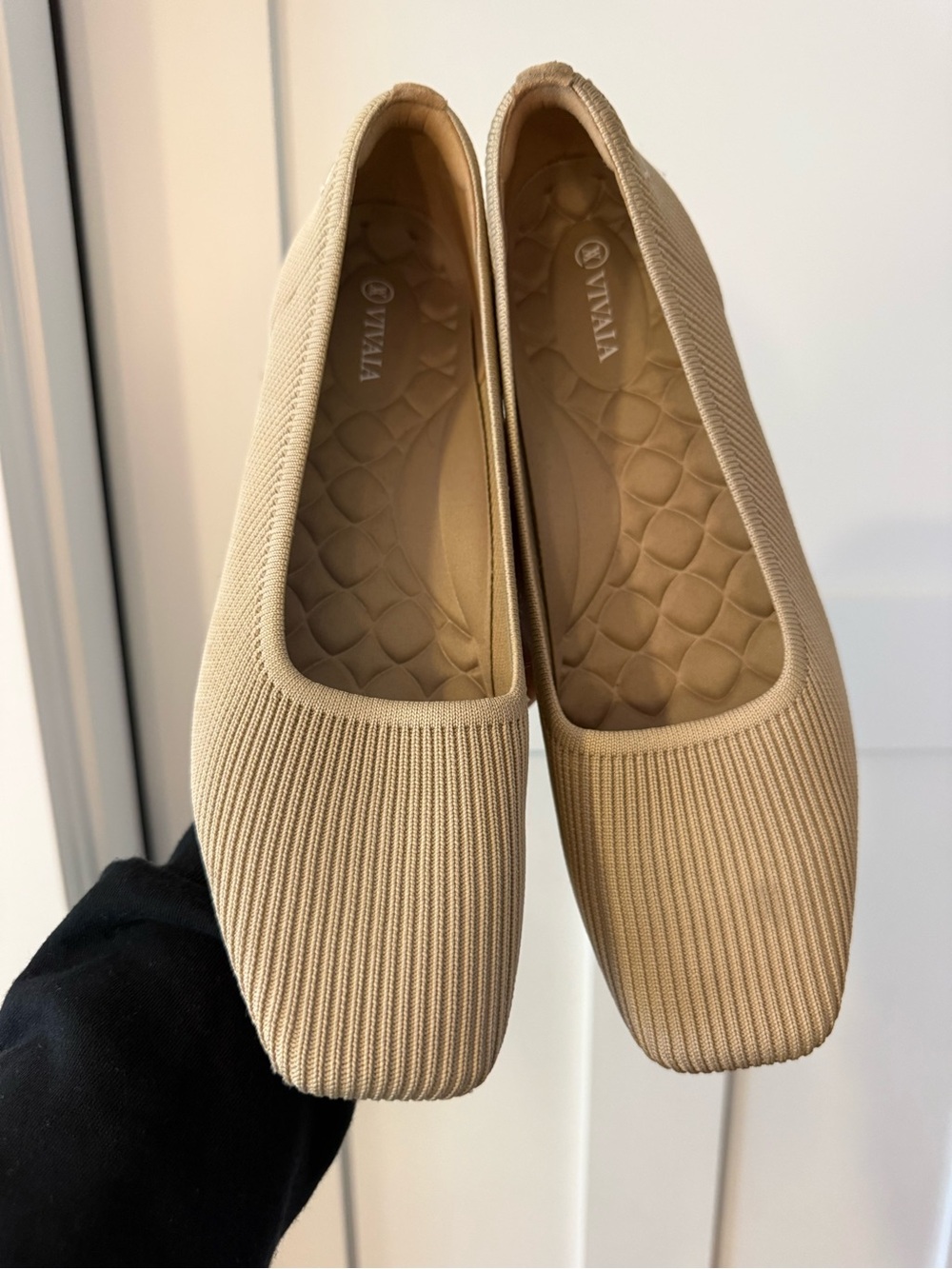 Beige Knit Square-Toe Flats VIVAIA